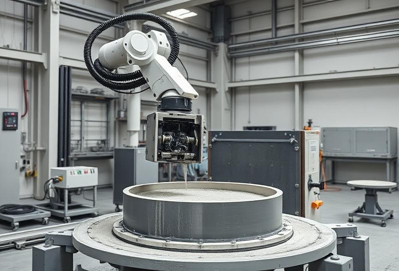 Robotic arm casting concrete into a precision mold