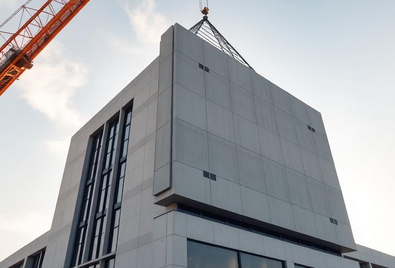Precast concrete façade panel being lifted into place